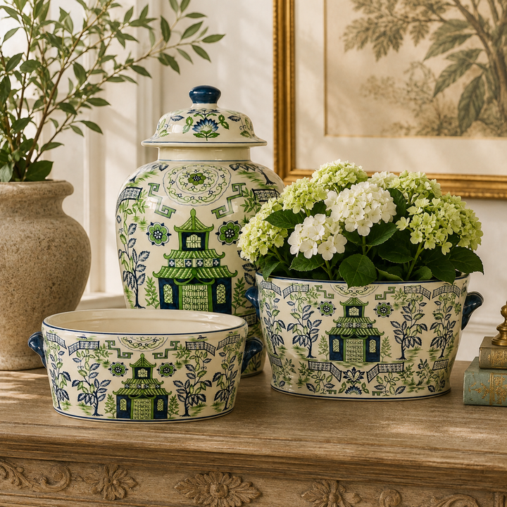 Elegant ceramic pagoda footbath in blue and green, ideal for plants, flowers and sophisticated home décor.