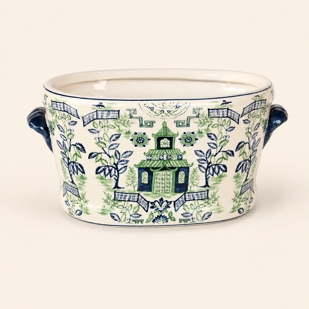 Large Blue &amp; Green Pagoda Footbath, a striking ceramic planter for elegant indoor and outdoor décor.