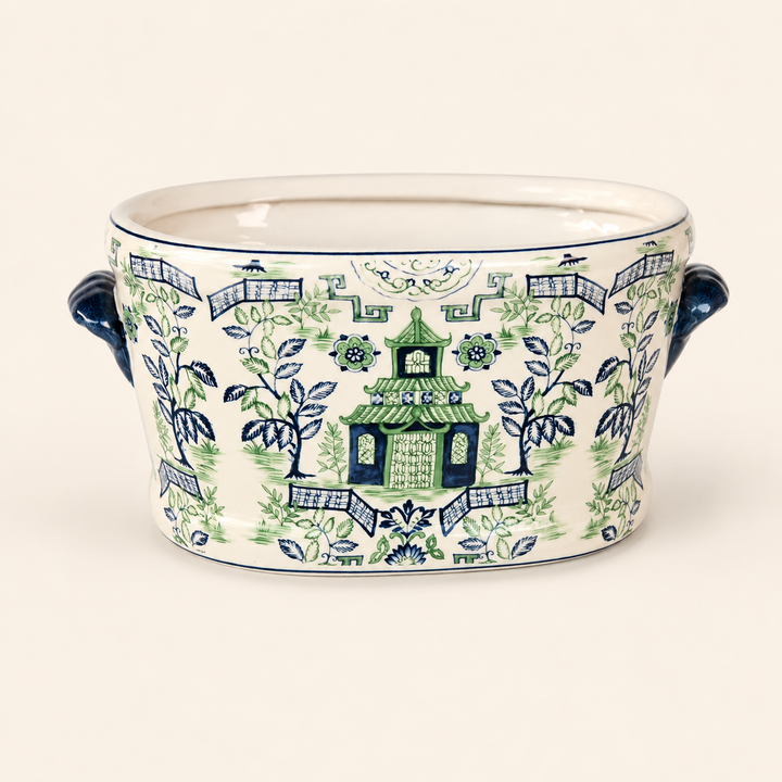 Large Blue &amp; Green Pagoda Footbath, a striking ceramic planter for elegant indoor and outdoor décor.