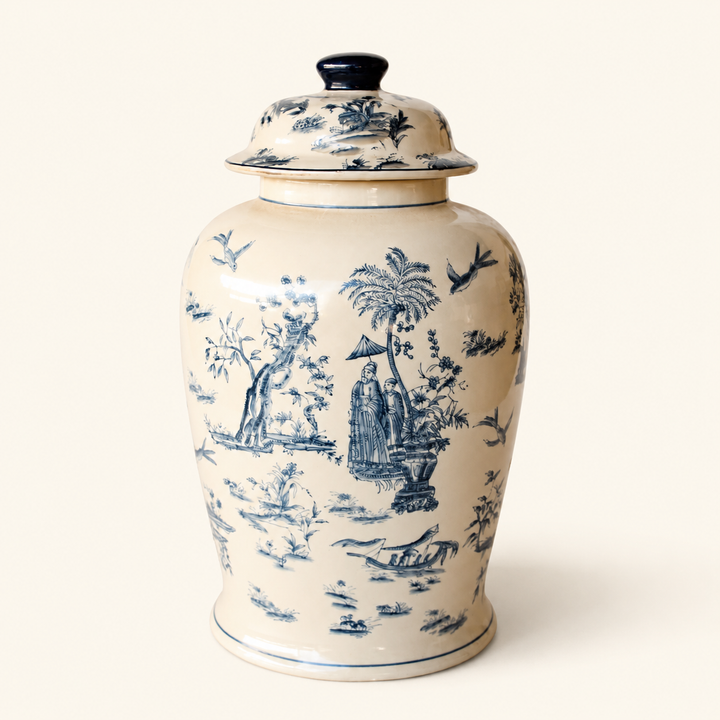 Elegant Large Blue Toile Ginger Jar with intricate blue and white detailing, perfect for classic home décor.
