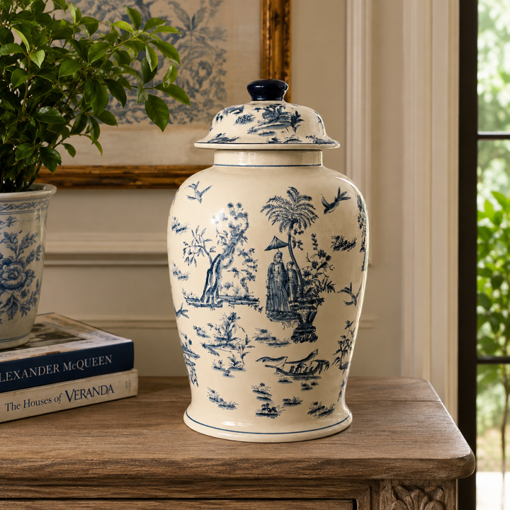 Large Blue Toile Ginger Jar 42x21cm, featuring elegant blue detailing for timeless interior styling.