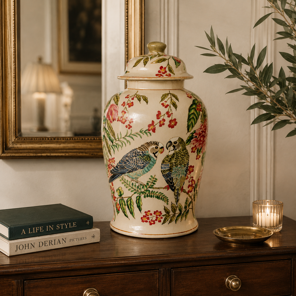 Add charm with the Large Budgie Ginger Jar, featuring colourful budgies, flowers and botanical detailing.