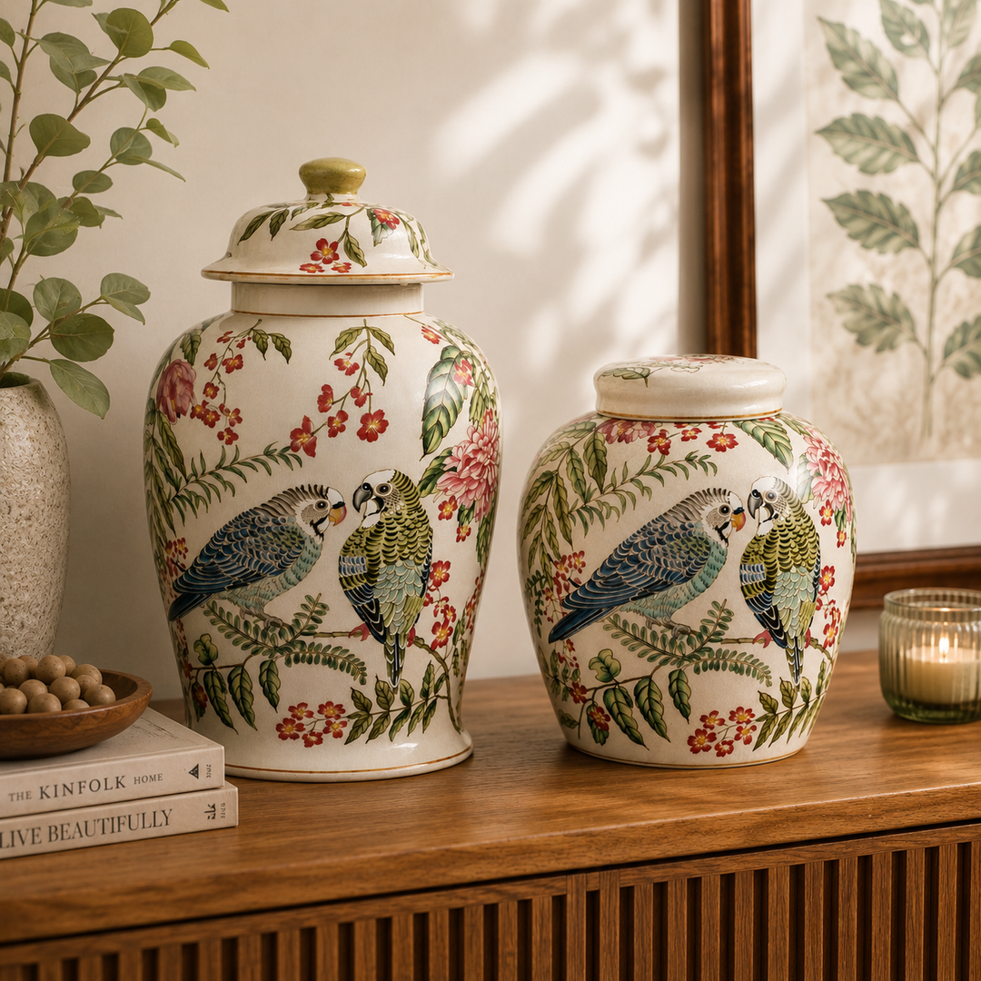 Large Budgie Ginger Jar 42x21cm, a beautiful ceramic statement piece with birds and floral decoration.