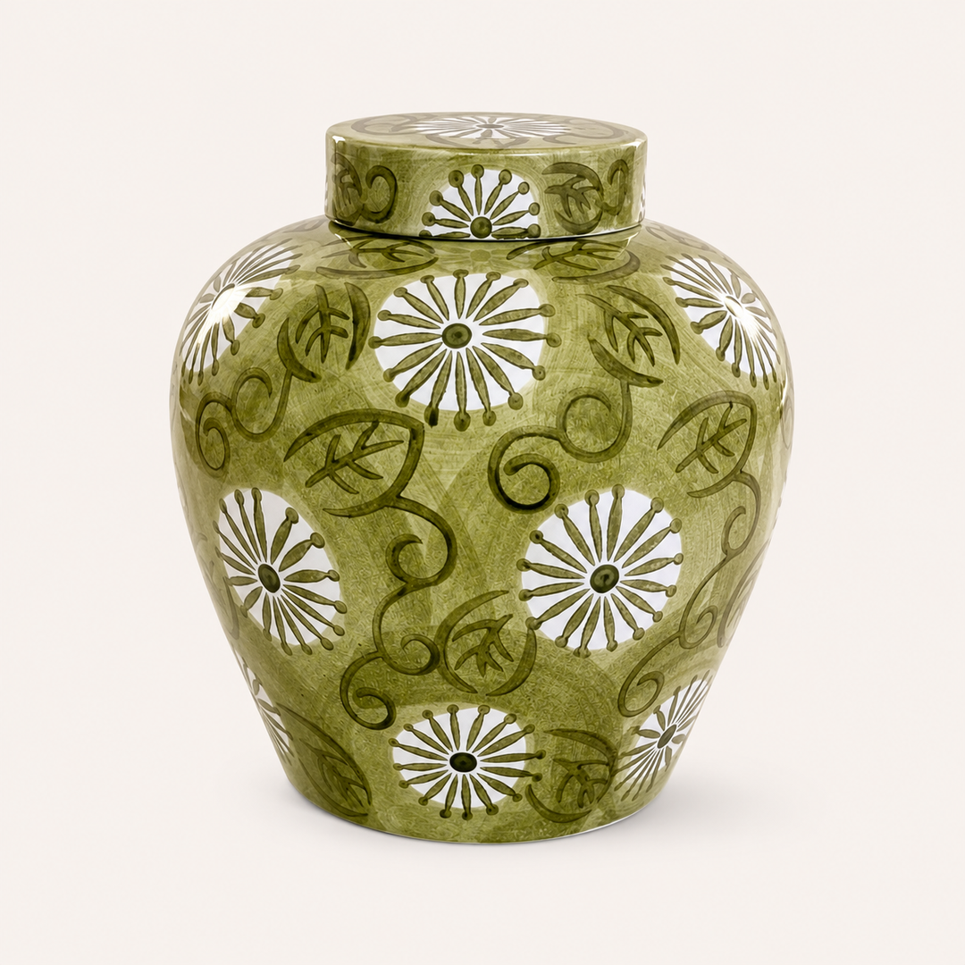 Large Fat Bright Green Floral Ceramic Ginger Jar 32x27cm, a bold botanical accent for elegant interiors.