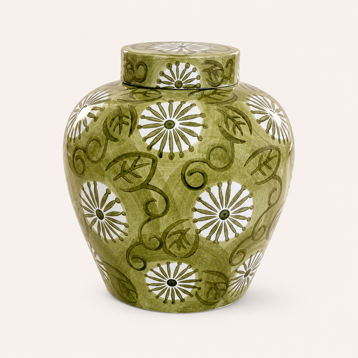 Large Fat Bright Green Floral Ceramic Ginger Jar 32x27cm, a bold botanical accent for elegant interiors.