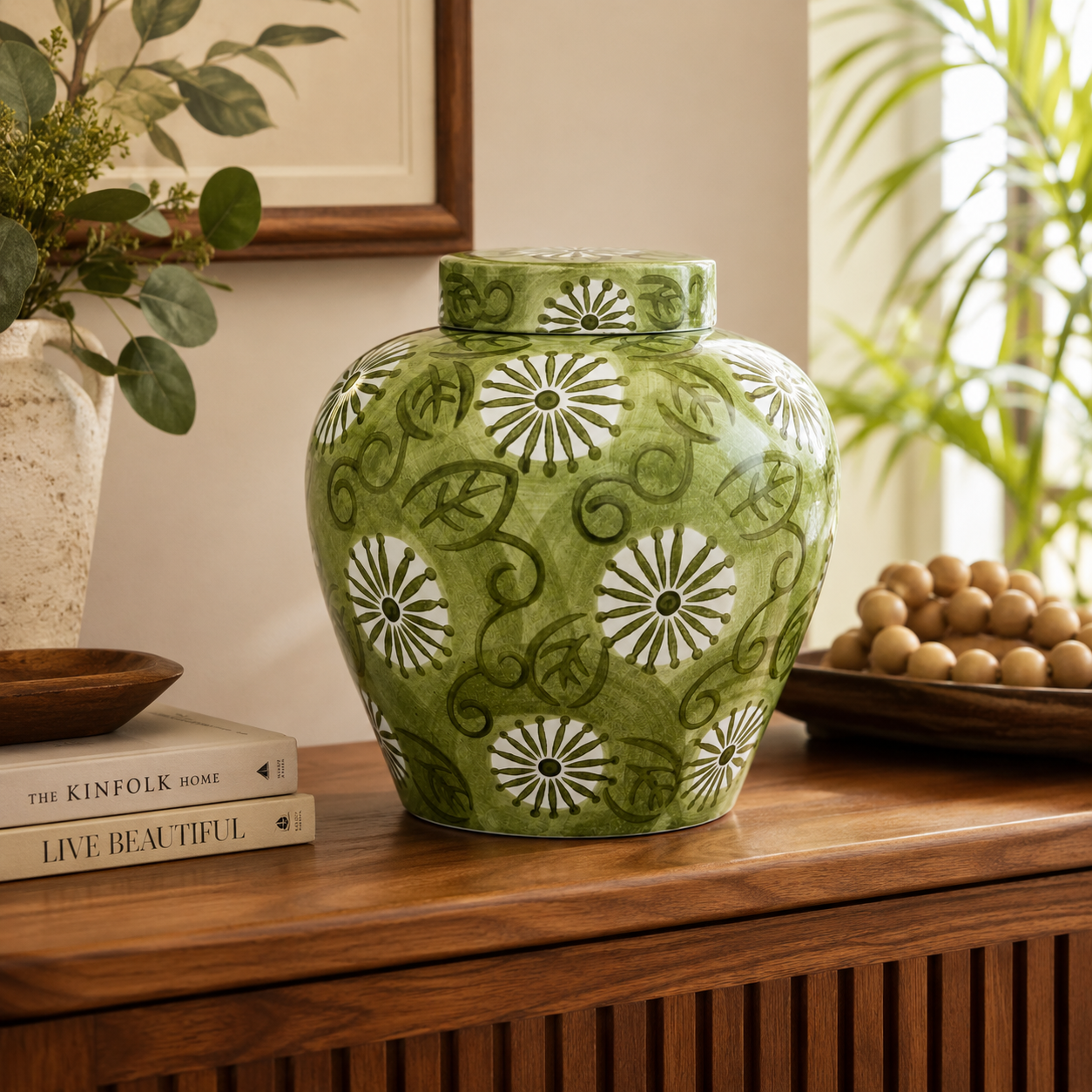 Shop the Large Bright Green Floral Ginger Jar 32x27cm, featuring beautiful white flowers and leafy detailing.