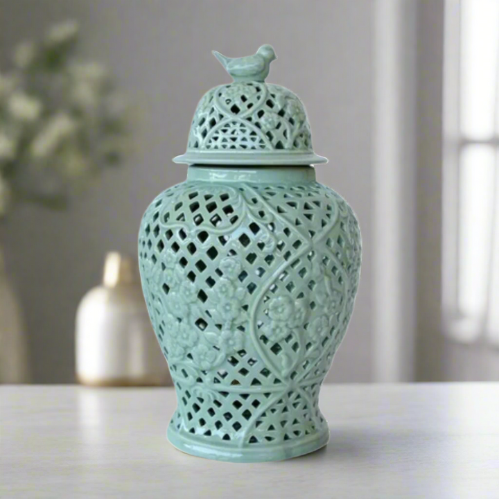 Unique Boys Interiors
Large Pale Green Cut Out Ginger Jar With Bird Lid
Add a touch of whimsy and elegance to your home decor with this stunning large pale green ginger jar, featuring intricate cut-outs and a beautiful bird lid. Handcrafted with traditional techniques and attention to detail, this piece is sure to impress. www.uniqueboys.co.za
