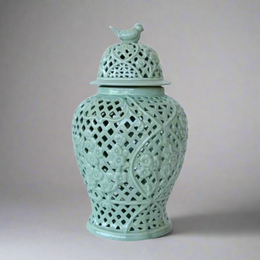 Unique Boys Interiors
Large Pale Green Cut Out Ginger Jar With Bird Lid
Add a touch of whimsy and elegance to your home decor with this stunning large pale green ginger jar, featuring intricate cut-outs and a beautiful bird lid. Handcrafted with traditional techniques and attention to detail, this piece is sure to impress. www.uniqueboys.co.za