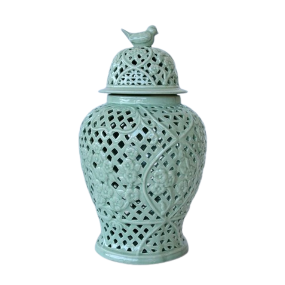 Unique Boys Interiors
Large Pale Green Cut Out Ginger Jar With Bird Lid
Add a touch of whimsy and elegance to your home decor with this stunning large pale green ginger jar, featuring intricate cut-outs and a beautiful bird lid. Handcrafted with traditional techniques and attention to detail, this piece is sure to impress. Unique Boys.