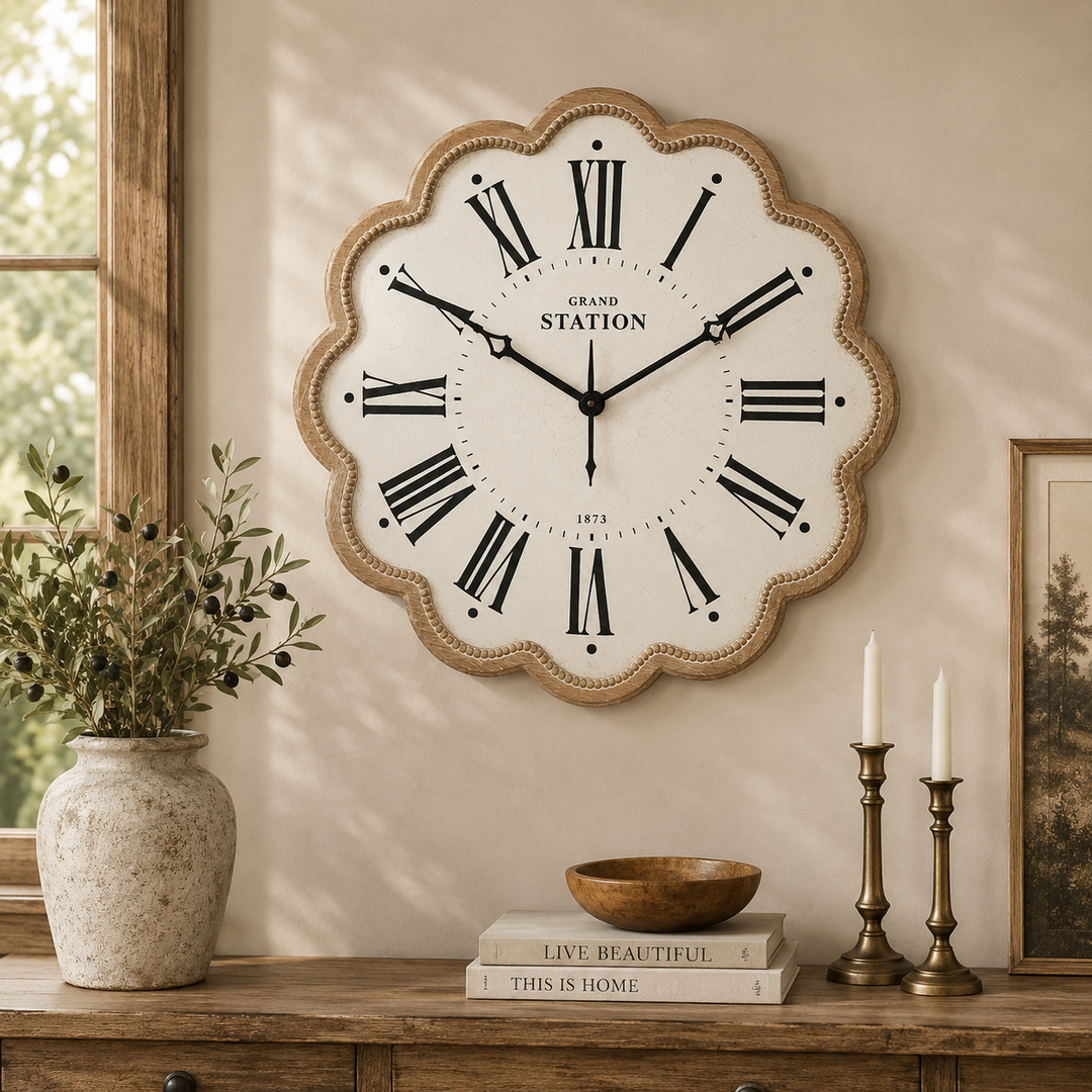 Elegant 80cm scalloped wall clock featuring bold Roman numerals and timeless Grand Station vintage styling
