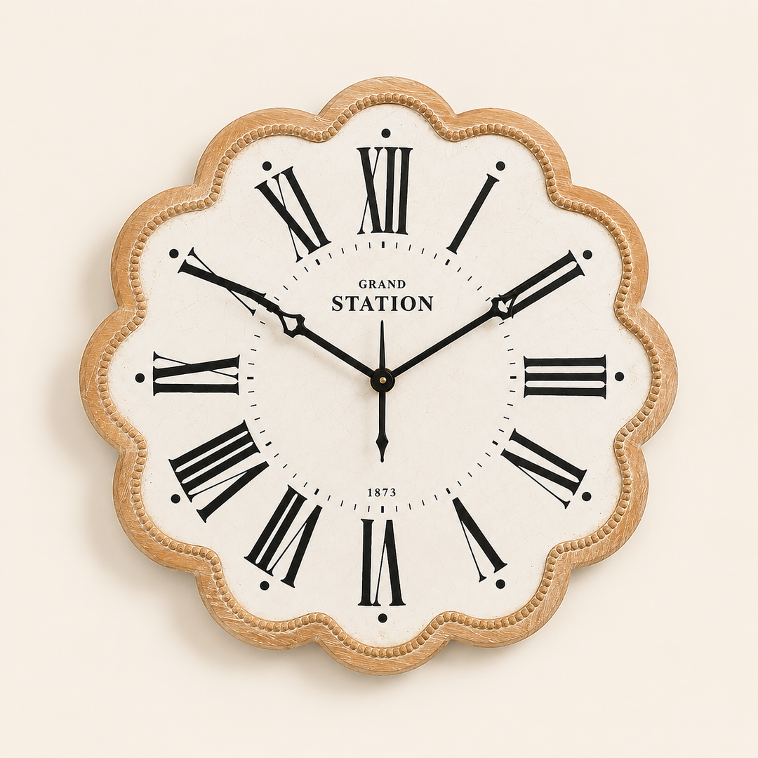 Large Scalloped Edge Clock 80cm with Roman numerals and a warm vintage finish for statement wall décor.