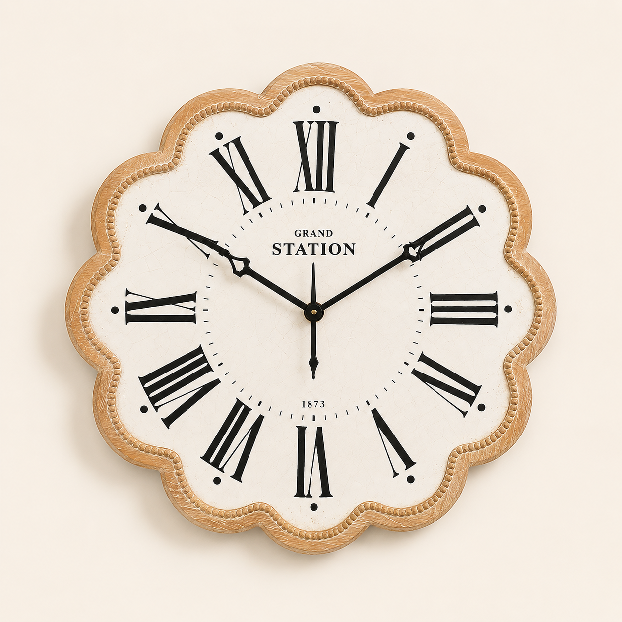 Large Scalloped Edge Clock 80cm with Roman numerals and a warm vintage finish for statement wall décor.