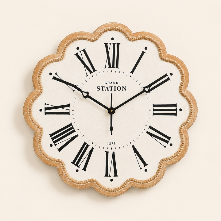 Large Scalloped Edge Clock 80cm with Roman numerals and a warm vintage finish for statement wall décor.