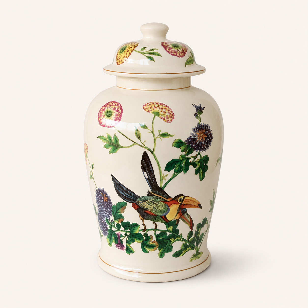 Large Toucan Ginger Jar 42x21cm, featuring colourful tropical birds and botanical detailing for elegant interiors.