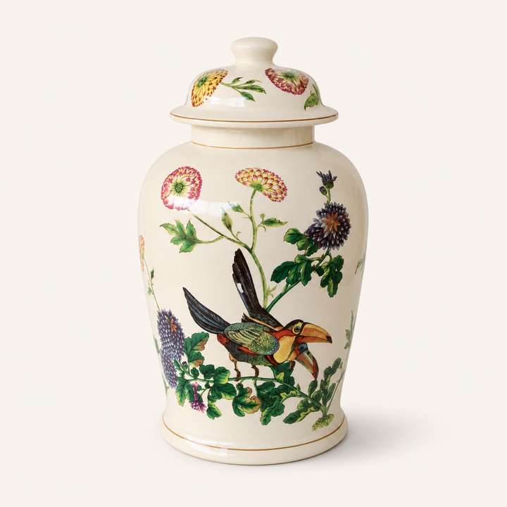 Large Toucan Ginger Jar 42x21cm, featuring colourful tropical birds and botanical detailing for elegant interiors.