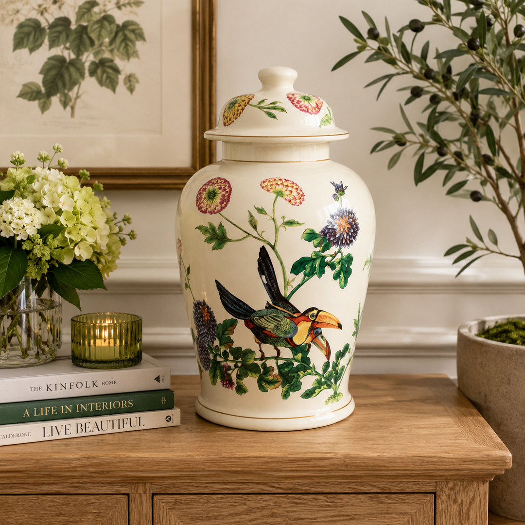 Shop the Large Toucan Ginger Jar 42x21cm, a beautiful ceramic statement piece with vibrant floral and bird detailing.