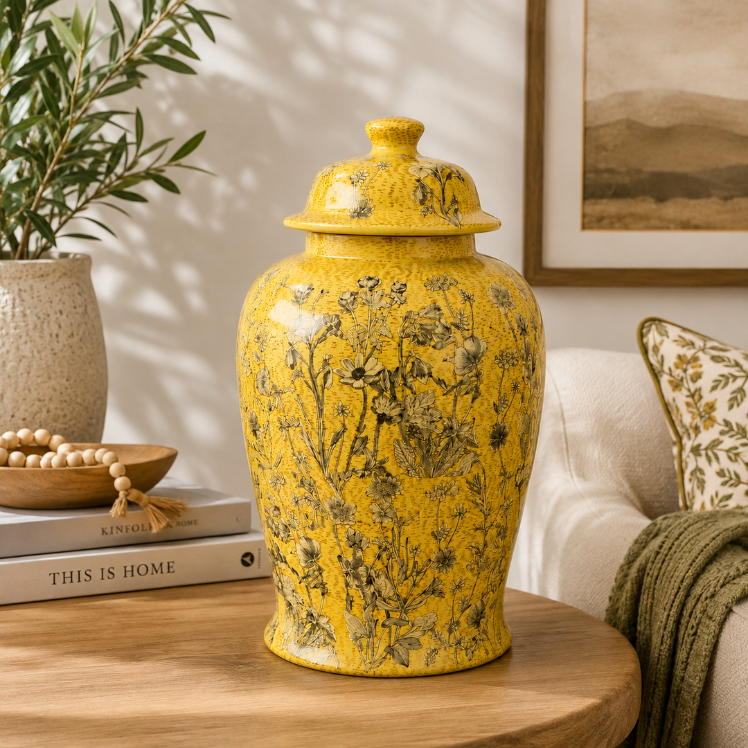 Large Yellow Daisy Ginger Jar 40x21cm with vibrant botanical detailing for stylish statement déco