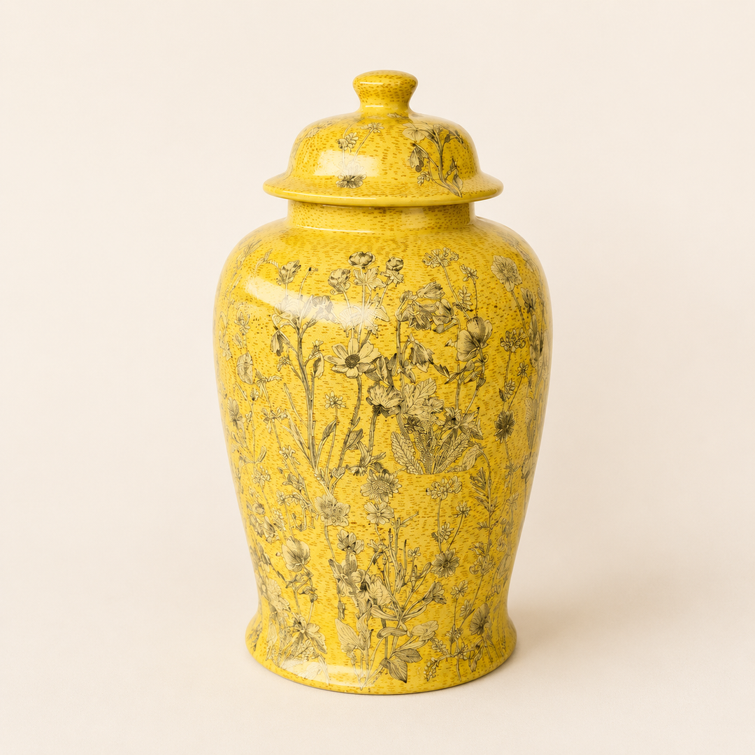 Brighten your home with this Large Yellow Daisy Ginger Jar, featuring elegant floral botanical detailing.