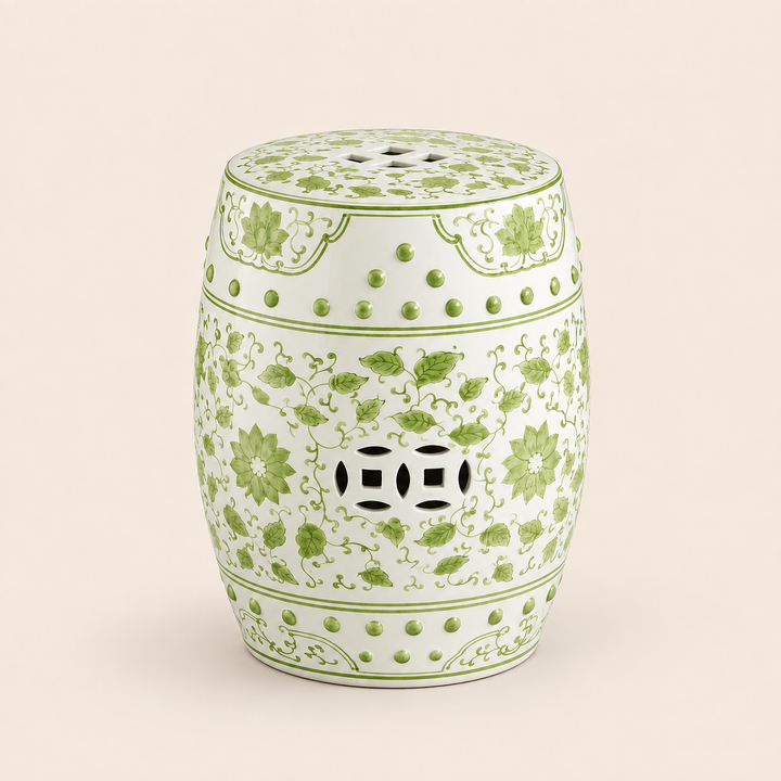 Lime Green Floral Ceramic Garden Stool 45x28cm, a fresh botanical accent for stylish spaces.