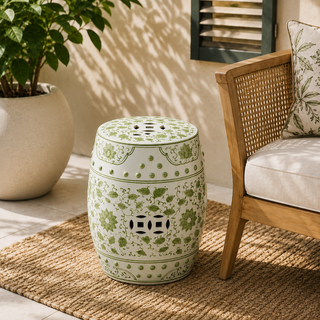 Shop our Lime Green Floral Ceramic Garden Stool, perfect as a side table, seat or décor accent.