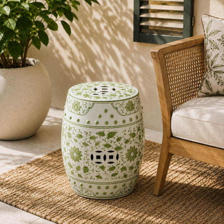 Shop our Lime Green Floral Ceramic Garden Stool, perfect as a side table, seat or décor accent.