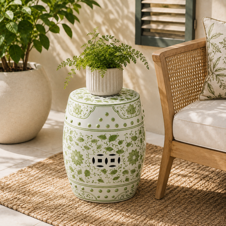 Add botanical charm with our Lime Green Floral Ceramic Garden Stool, featuring elegant floral detailing.
