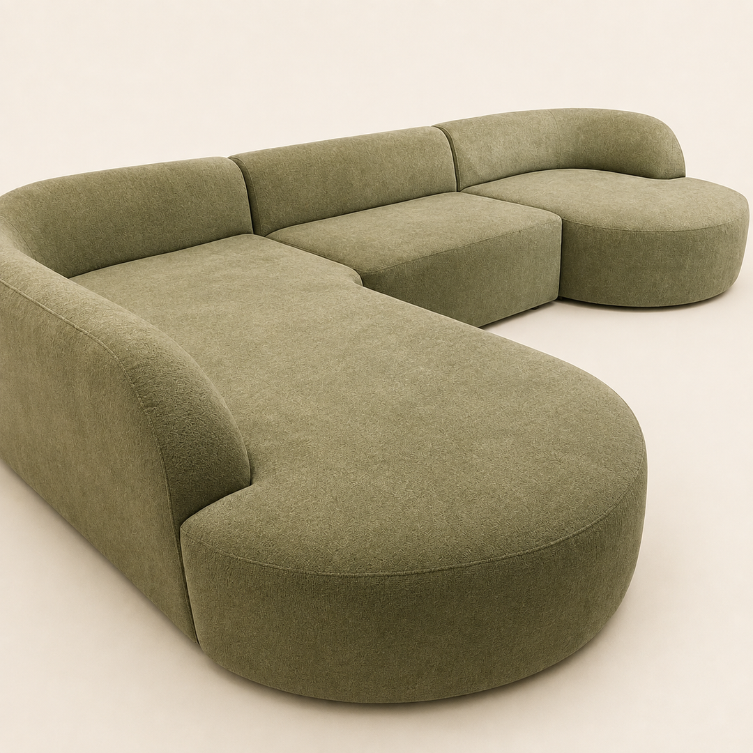 A modern curved modular sofa upholstered in textured olive green fabric, shown on a clean off-white studio background.