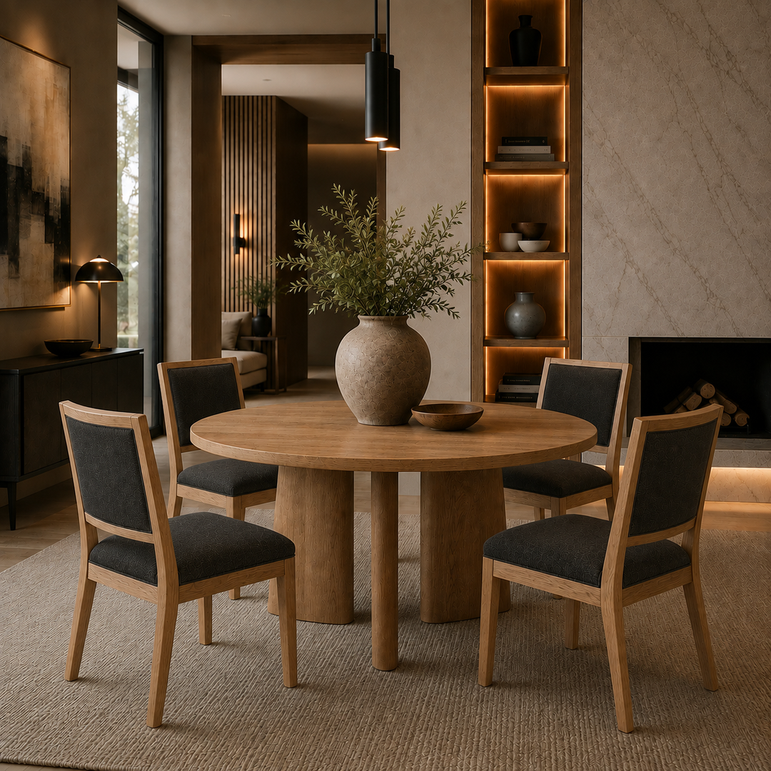 A round wooden dining table with four upholstered chairs in a modern, warm-toned dining room. The table and chairs feature light natural wood frames, with the chairs having dark gray fabric seats and backs.