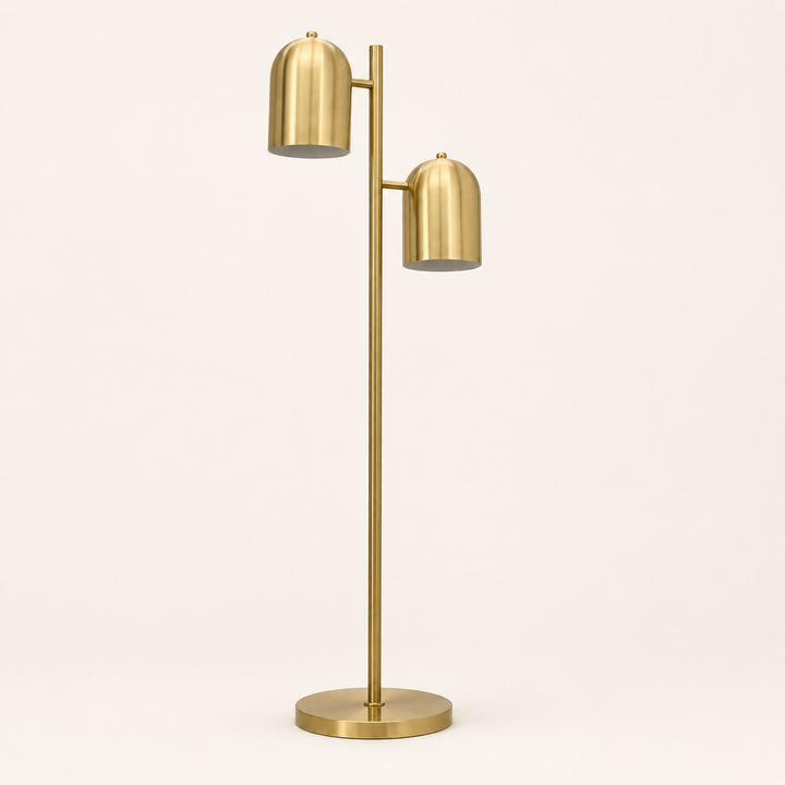 Maximus Floor Lamp in elegant gold with twin shades, a sophisticated statement light for modern interiors.