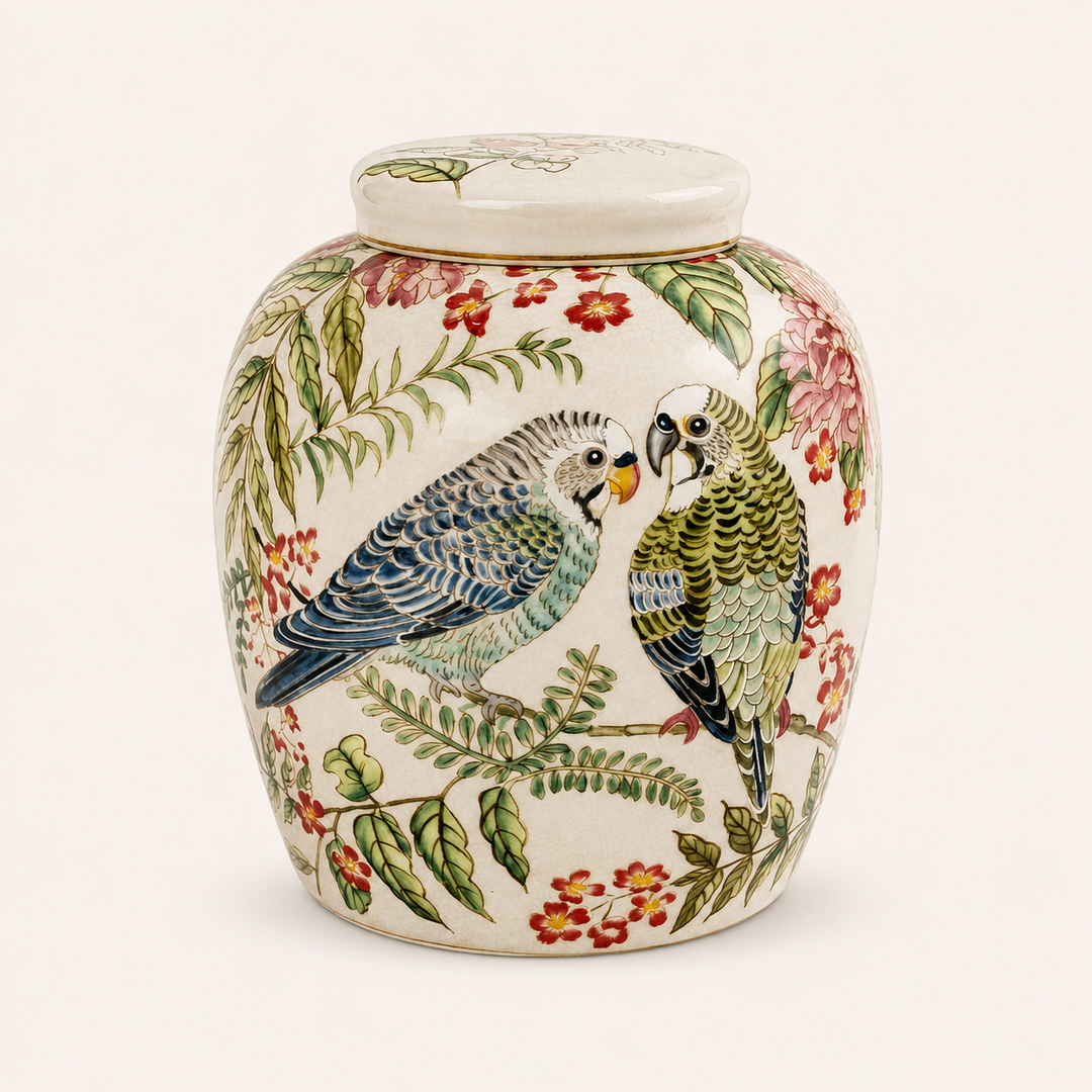 Medium Fat Budgie Ginger Jar 25x20cm, featuring colourful budgies and beautiful botanical detailing