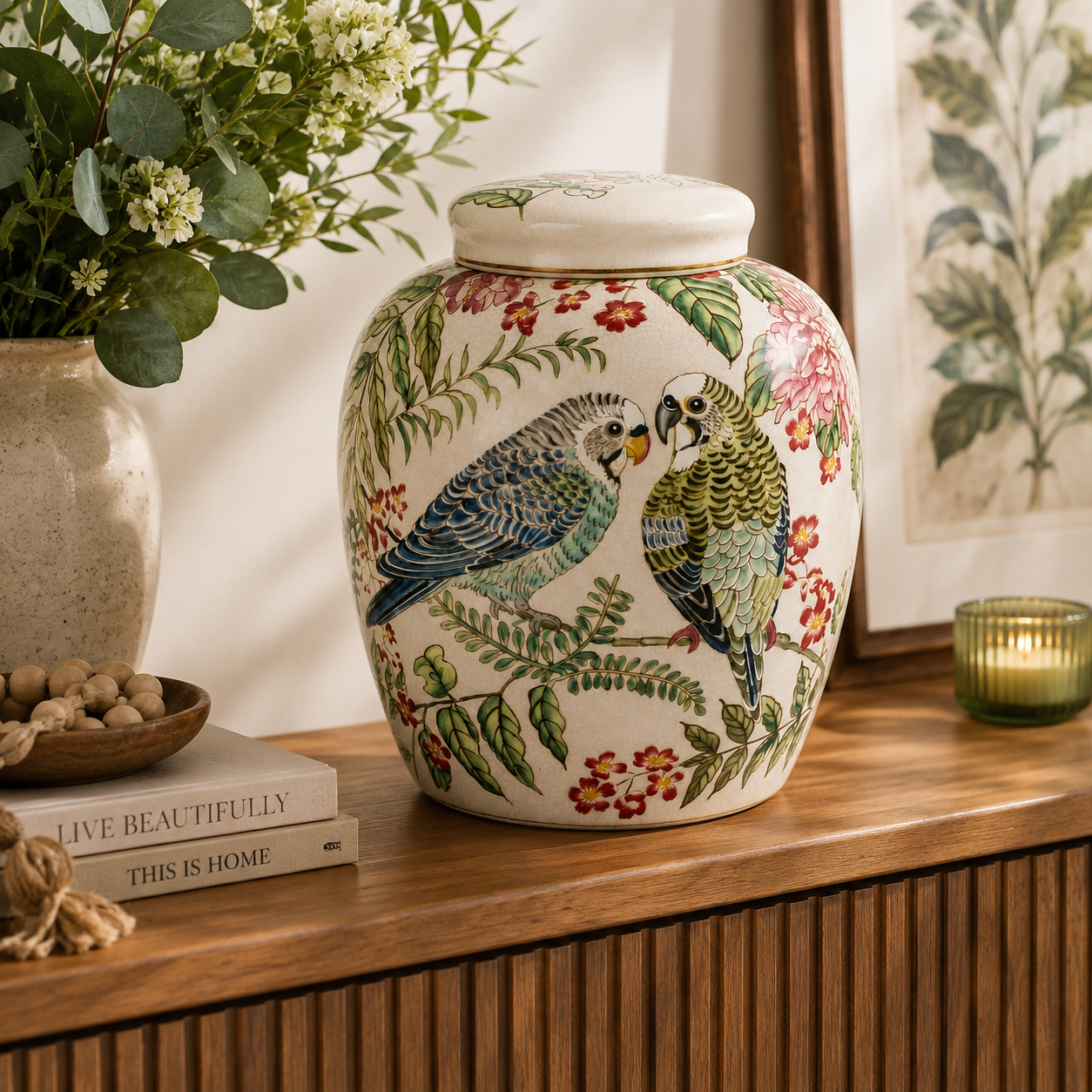 Shop the Medium Fat Budgie Ginger Jar 25x20cm, a charming ceramic accent with birds, flowers and foliage.