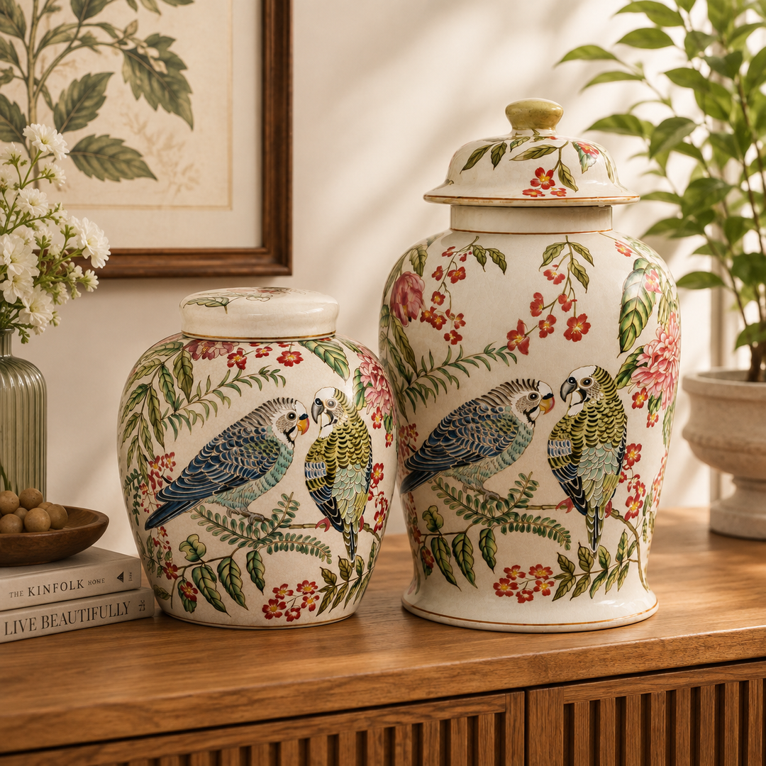 Add botanical charm with the Medium Fat Budgie Ginger Jar 25x20cm, perfect for consoles, shelves and sideboards.