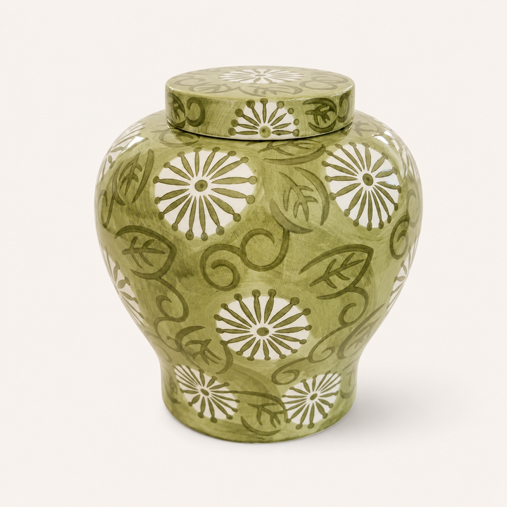 Olive Green Ceramic Jar with Lid 26x23cm, featuring white floral motifs and decorative green scroll detailing