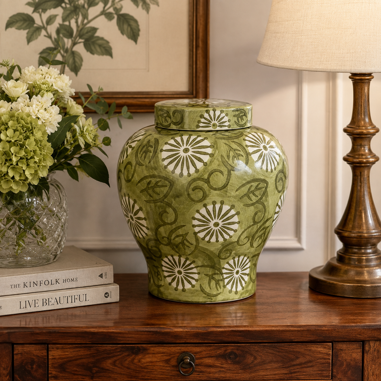 Add natural charm with the Medium Fat Olive Green Ceramic Jar 26x23cm, perfect for consoles and sideboards.