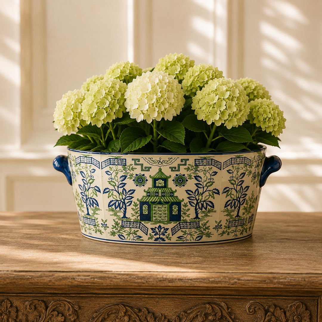 Shop the Medium Green &amp; Blue Pagoda Foot Bath, an elegant ceramic planter with timeless Oriental charm.