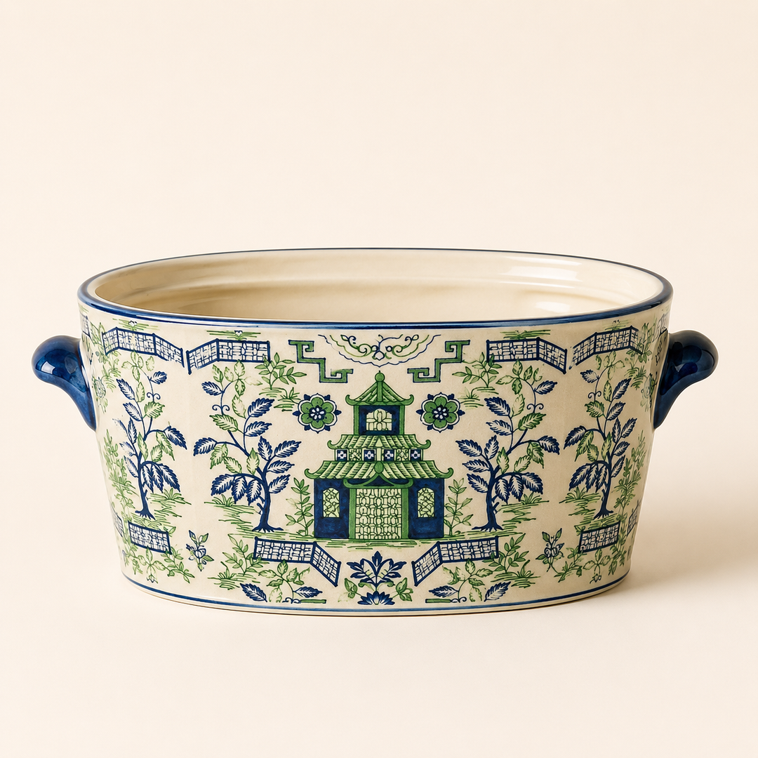 Add timeless style with our Medium Pagoda Foot Bath, featuring beautiful green and blue ceramic detailing.