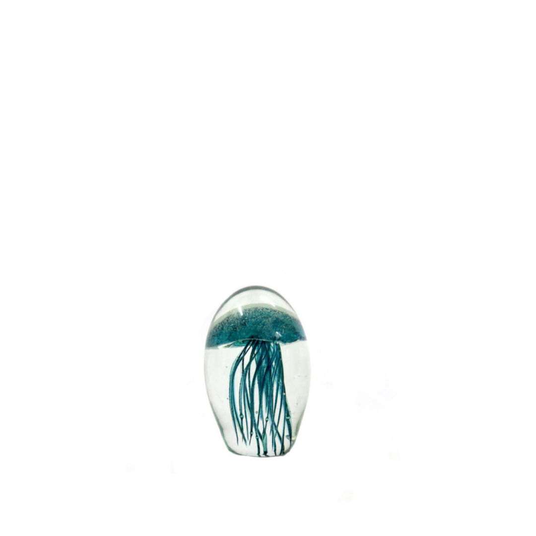 Mejello 9.8cm: A Glowing Masterpiece of Glass Art
Elevate your home decor with the Mejello 9.8cm, a breathtaking handmade clear orb featuring a mesmerizing teal jellyfish shape. Suspended within the glass are delicate silver bubbles and tentacles, adding an extra layer of depth and visual interest.