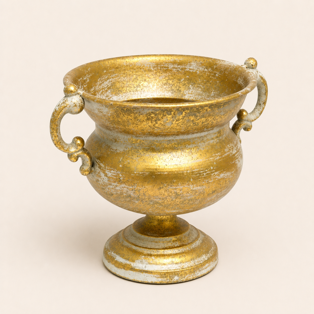 Montrose Pot heavyweight antique gold metal vase with decorative handles, wide opening, pedestal base, and rustic vintage finish, perfect for floral arrangements and statement home décor.