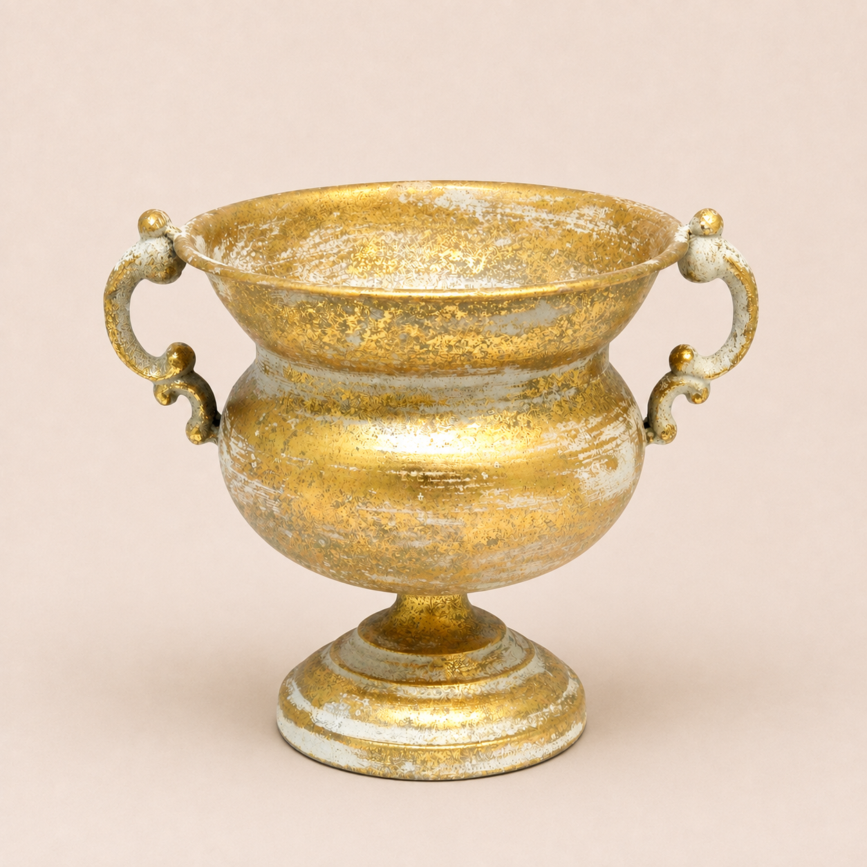 Montrose Pot antique gold decorative trophy vase with ornate scroll handles, distressed metal finish, pedestal base, and classic vintage-inspired design for luxury home décor.