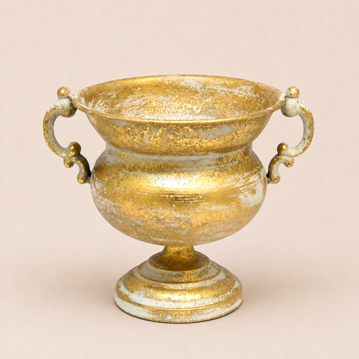 Montrose Pot antique gold decorative trophy vase with ornate scroll handles, distressed metal finish, pedestal base, and classic vintage-inspired design for luxury home décor.