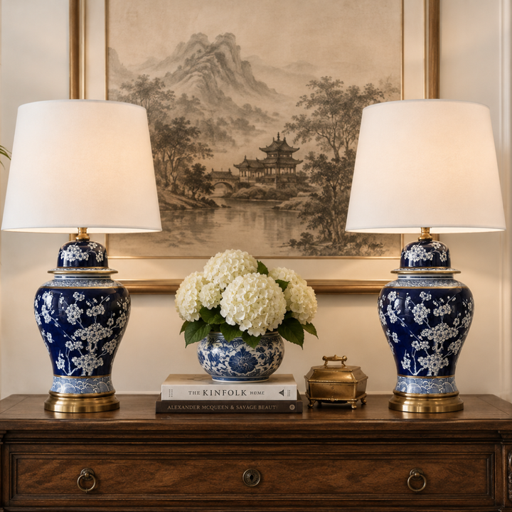 Elegant Navy Blue &amp; White Floral Lamp with gold accents and white shade, a timeless statement for any interior.