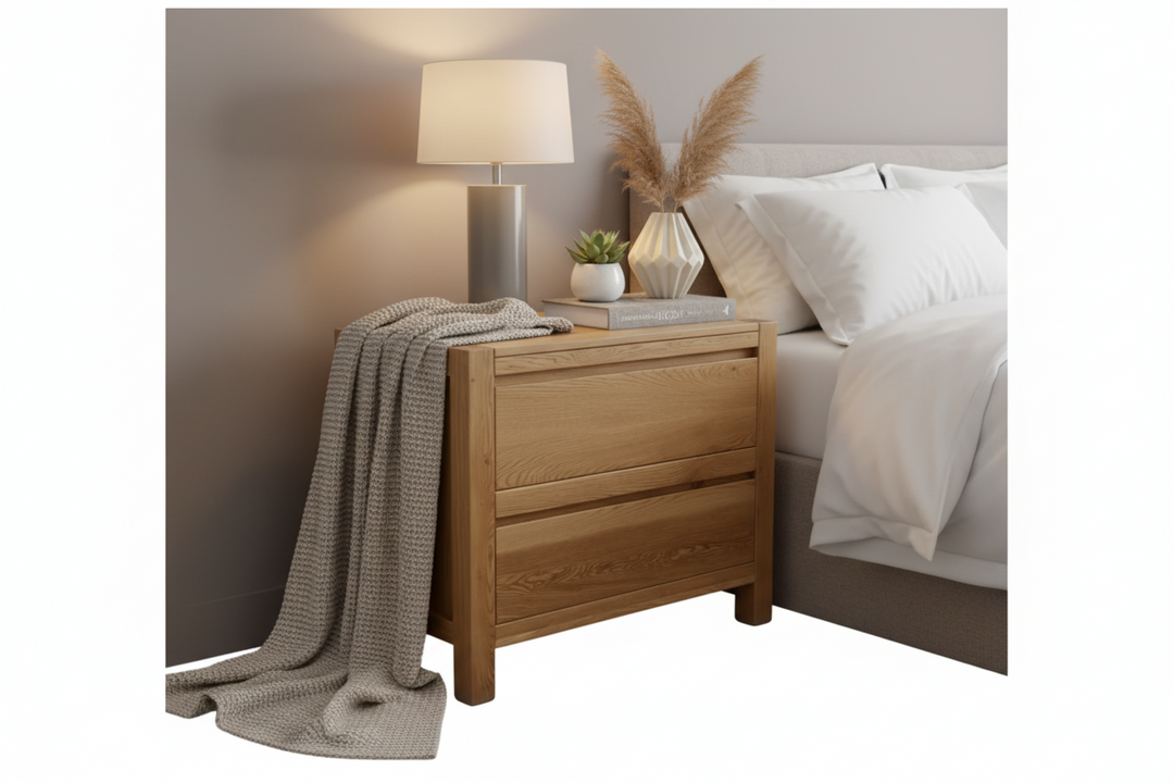 Nebraska Oak Pedestal.

Elevate Your Bedroom with Style and Functionality
Introducing our sleek Nebraska Oak Pedestal.2-Drawer Bedside Pedestal