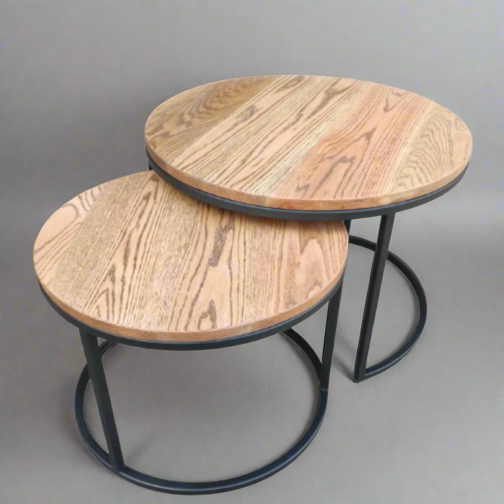 Nesting Round Coffee Table Red Oak Set
Elevate your living room with our stunning nesting round coffee table set, crafted from solid Red Oak and a sleek metal frame. This versatile duo can be tailored to your unique space and style. Unique Boys.