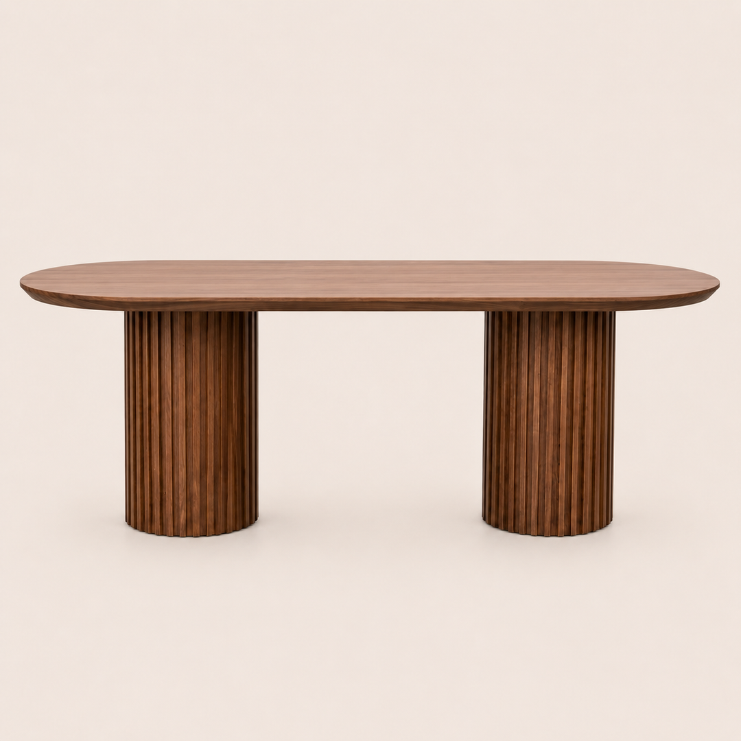 Oval Kiaat dining table finished in dark Rubio Monocoat