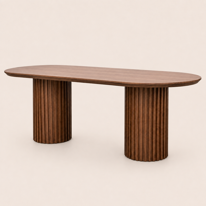 Luxury dark Kiaat oval dining table with round slatted pedestal bases