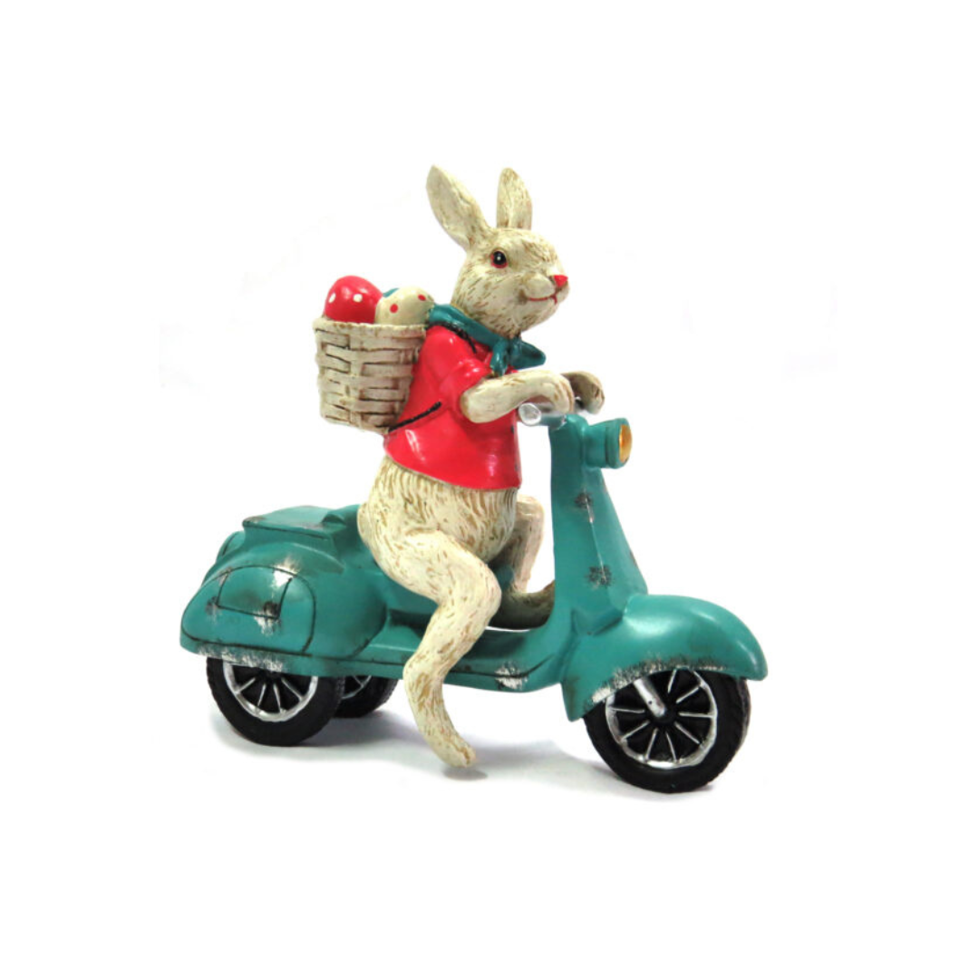 
Product Description: Vespa Rabbit
Meet the Vespa Rabbit, a unique and stunning handcrafted piece of art that combines whimsy and style. Expertly painted and detailed, this charming resin sculpture features a rabbit riding a Vespa, adding a touch of playfulness to any room.
