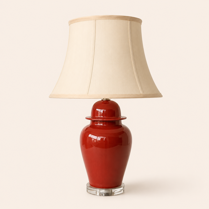 Red Lamp 68cm with glossy ceramic base, clear perspex detail and elegant cream shade for timeless interiors.