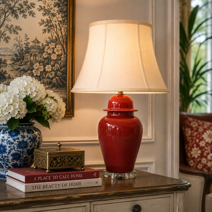Elegant Red Ceramic Lamp with perspex base and cream shade, perfect for adding bold colour and classic style.