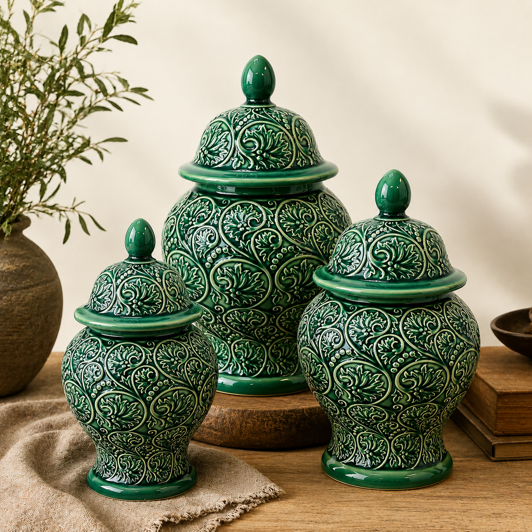 Luxury green ceramic Regal Ivy Ginger Jar featuring elegant raised ivy pattern for home décor.