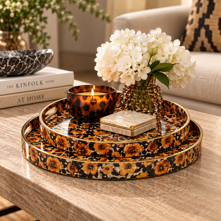 Resin Tray Round Poppy Animal Print Amber Set of 2